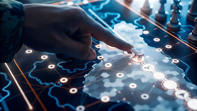 Strategic Chessboard Overlay with Glowing Digital Map and Pointing Hand, strategic