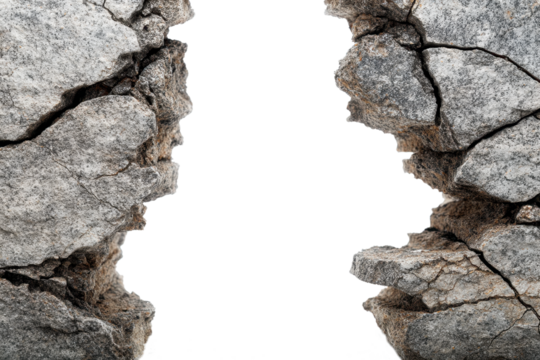 Two fractured stone walls with a dramatic central gap, isolated on transparent background. Ideal for symbolic compositions, geological visuals, and conceptual design with space for text or objects