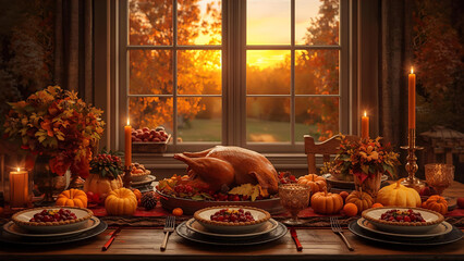 Thanksgiving Dinner Table with Turkey and Autumn Decorations