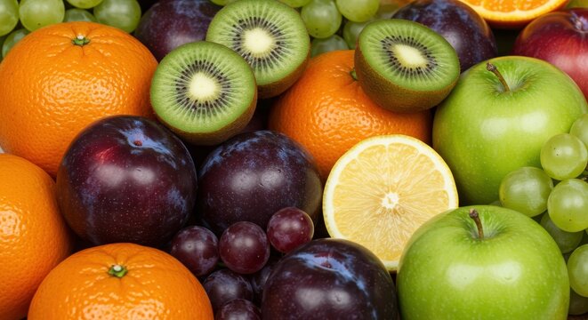 Vibrant assortment of fresh fruits including oranges apples kiwis plums grapes and lemon slice