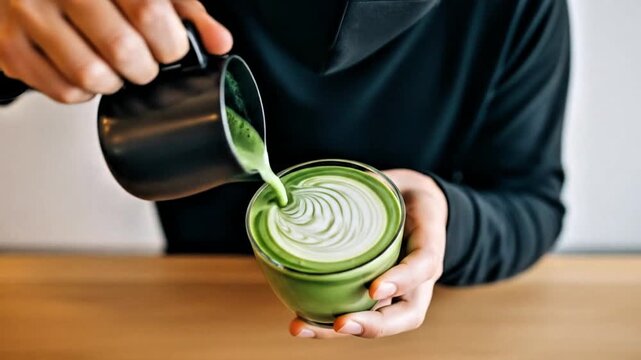 Pov view, close-up, The barista is elegantly making a matcha latte drink. Drink shop, cafe