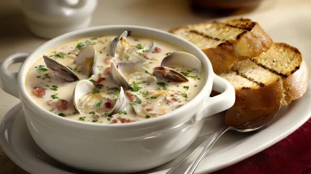 Ultra HD A bowl of creamy clam chowder with toasted bread, garnished with parsley and bacon bits, a delicious and comforting seafood soup for lunch or dinner, creamy clam chowder video