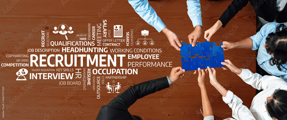 Poster a dynamic scene featuring professionals collaborating on recruitment strategies, highlighting essent