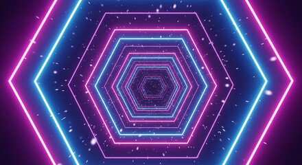 A mesmerizing abstract tunnel of glowing neon hexagons in vibrant blue and pink, with shimmering particles floating in a dark, futuristic space.