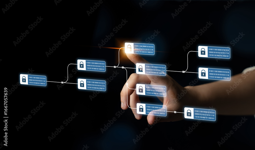 Aufkleber blockchain structure showing distributed data blocks linked with encryption, representing secure tra