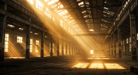 Sunlight streaming through abandoned warehouse windows creates a stark industrial scene. Abandoned warehouse interior, with sun rays illuminating dusty space and casting stark shadows, conveys decay.