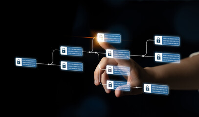 Blockchain structure showing distributed data blocks linked with encryption, representing secure...