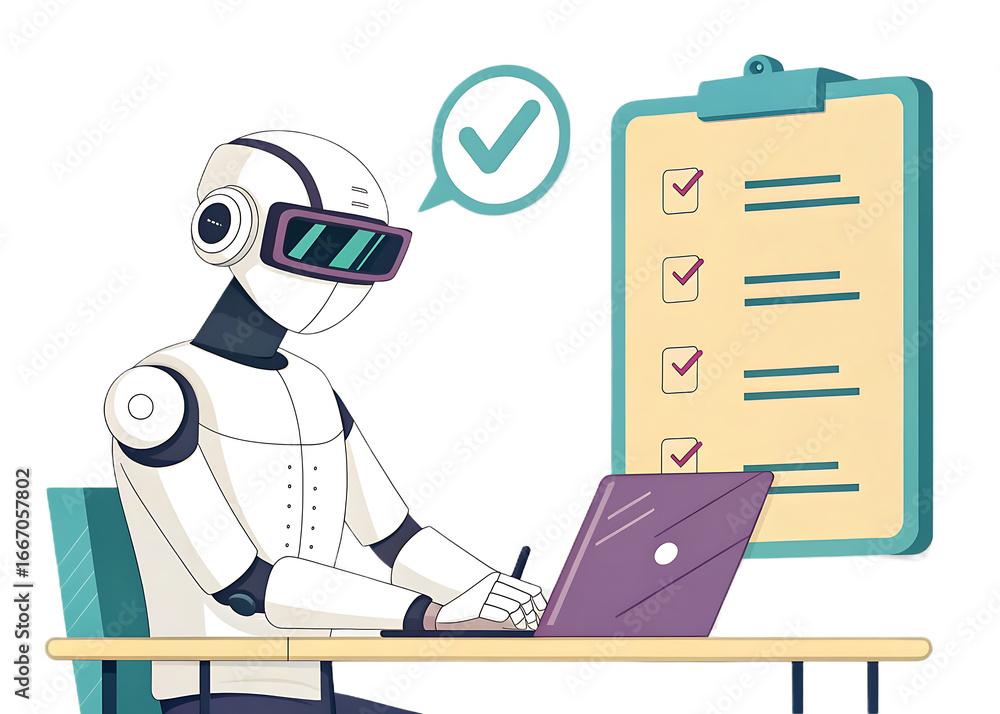 Poster Robot checking off tasks on a clipboard while working on a laptop at a desk in an office setting