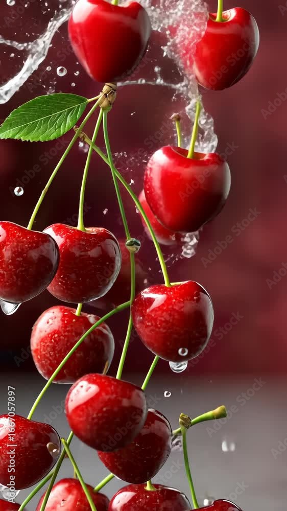 Aufkleber fresh cherries falling with water droplets on a vibrant background creating a lively and refreshing 
