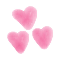 Three lovely pink hearts painted in a soft watercolor style, isolated on a white background.