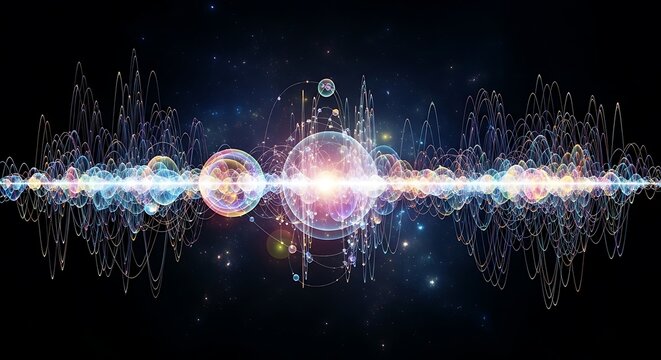 Abstract visualization of quantum waves and energy particles with glowing spheres representing quantum physics vibration and subatomic science
