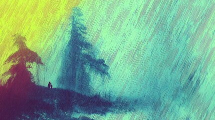 Abstract Rainy Forest Background with Silhouette of Two People for Copy Space 