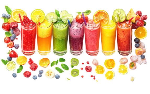 Colorful assorted fruit juce on white background,png