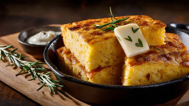 Ultra HD A stack of cornbread squares in a skillet, topped with butter and rosemary, served with a side of creamy sauce, a delicious and comforting side dish, stack of cornbread video