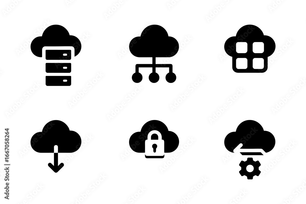 Poster minimalist cloud computing icons: technology, security, and data storage concepts