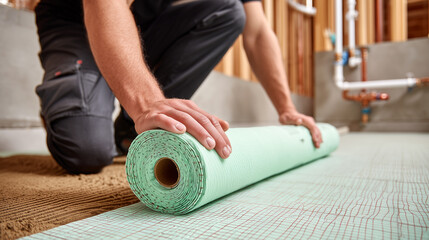 Professional worker installing waterproof membrane roll during home renovation. Construction maintenance and building repair work for residential flooring improvement project indoors.