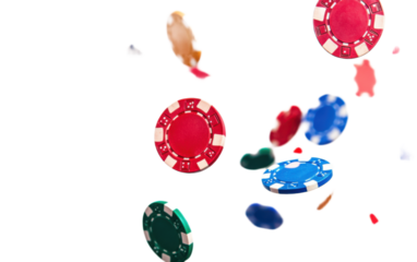Colorful casino chips falling on white background,png