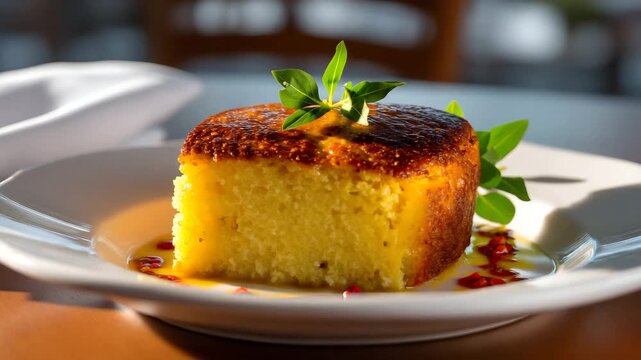 Ultra HD A single piece of golden cornbread on a white plate, garnished with fresh herbs, creating a gourmet and comforting culinary experience, cornbread stacks video