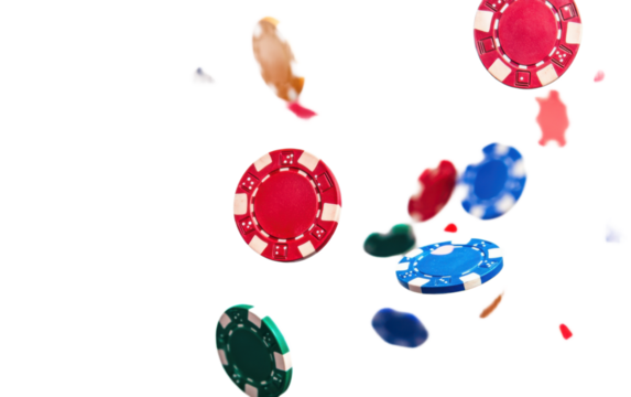 Colorful casino chips falling on white background,png
