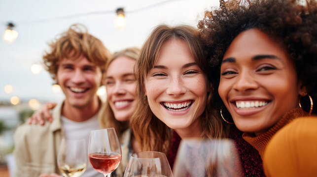 Happy diverse friends toasting with wine glasses at rooftop party celebration. Joyful social gathering, friendship bonding concept. Perfect for lifestyle, entertainment, social media marketing.