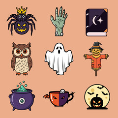Collection of Halloween-themed illustrations featuring a spider, zombie hand, ghost, and more.