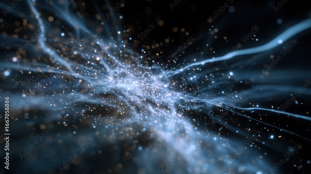 Poster Medium shot of a camera screen displaying a star cluster image held steady by an outoffocus figure surrounded by faint cosmic light trails.