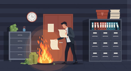 A man in a suit burns documents in a fire fueled by money within a dark office room with file cabinets and a clock