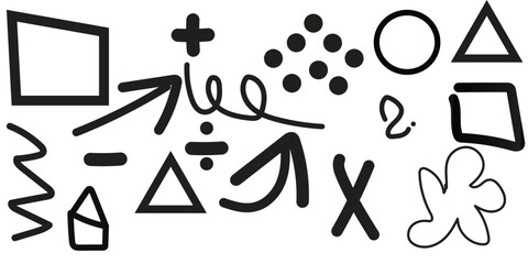 Arrow brush asterisk marker line shape set. Hand drawn brush stroke asterisk, arrow, squiggle shape with grunge texture. Abstract sketch paint elements for geometric background