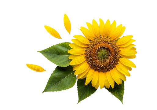 A vibrant sunflower with detached petals and leaves arranged against a striking black backdrop.