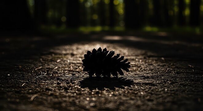 Silhouette of a pine cone on a forest floor, sunlit.