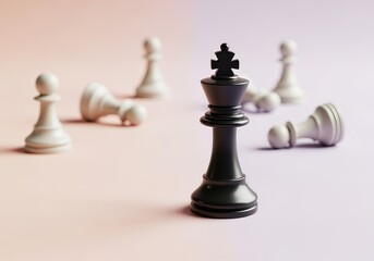 Black chess king standing victorious among fallen white pieces on soft background