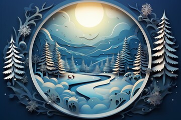 A wintery Christmas composition in a paper-cut style featuring vector illustration of Merry Christmas text in calligraphic lettering.
