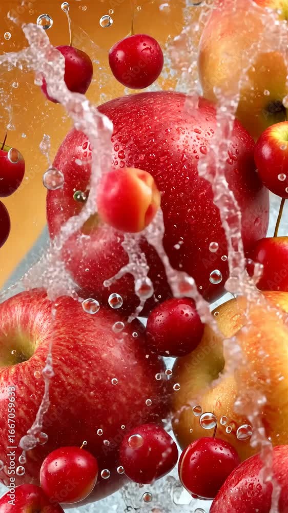 Aufkleber freshly washed red apples and cherries splash in clear water creating vibrant patterns in a colorful