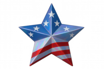 Metallic star adorned with red, white, blue stripes and white stars, symbolizing patriotic american spirit against transparent backdrop