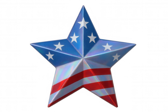 Metallic star adorned with red, white, blue stripes and white stars, symbolizing patriotic american spirit against transparent backdrop