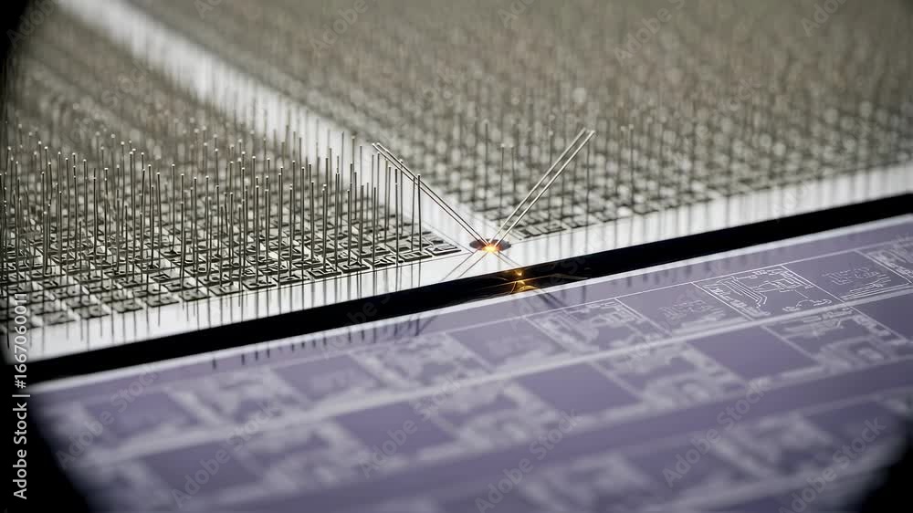 Poster view through optical microscope capturing microelectrode bonding on silicon wafer intended for brain