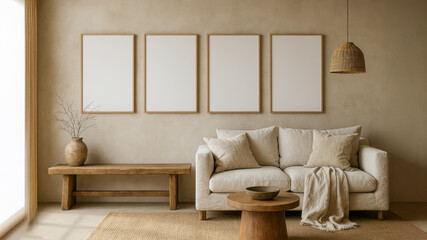 Minimalist living room interior with wabi sabi style, beige sofa, wooden furniture, warm neutral tones, modern natural home decor with cozy textures and simple aesthetic design for posters or prints