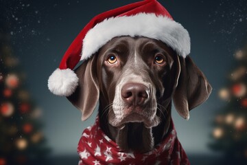 A Pointer breed dog wearing a Christmas costume at home.