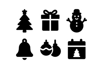 Black silhouette icons of christmas tree, gift box, snowman, bell, ornaments, calendar