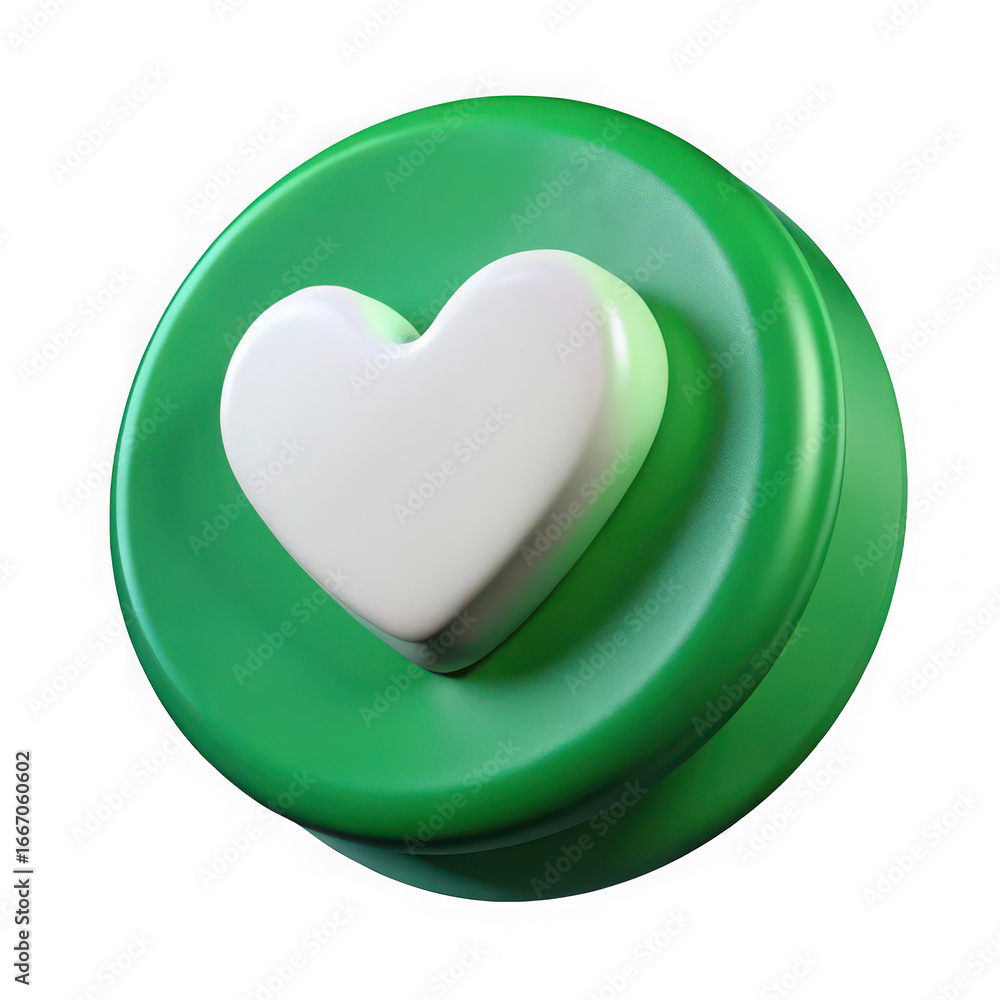 Aufkleber Glossy green circular button featuring a 3d white heart icon perfect for design and concepts transparent background
