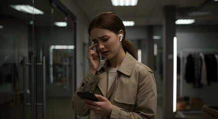 Sad woman crying using smartphone listening music feeling upset heartbreak loneliness despair emotional distress difficult situation bad news