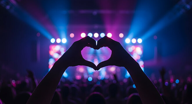 Concert Love Heart Hands Stage Lights Crowd Music Festival Show Event Party Celebration Fans Audience Enjoying Performance Vibe Energy
