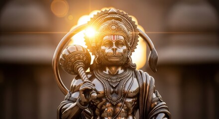 Obraz premium Gleaming statue of a monkey-like deity holds a mace, haloed by golden light, standing solemnly in an outdoor setting
