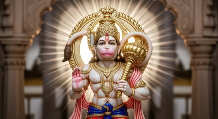 Obraz premium Golden, decorated Hanuman statue in ornate temple with halo, facing viewer and blessing