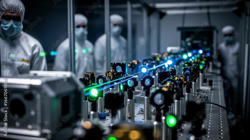 Aufkleber illuminated components of a highenergy laser weapon aligned along an optical bench under strict cont