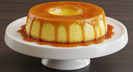 Delicious creamy flan dessert with rich caramel sauce dripping down the sides on a white cake stand