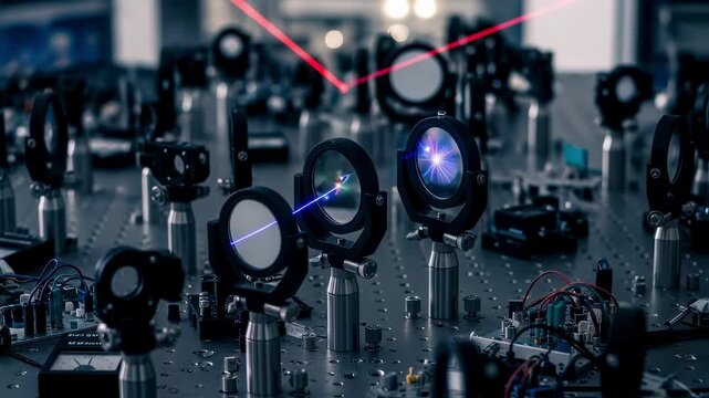 Reflective laser beams interacting with multilayer mirrors on an optical bench specialized for directed energy weapon experiments.