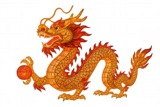 Golden chinese dragon grasping mystical pearl, symbolizing cultural heritage, mythological power, traditional festivities