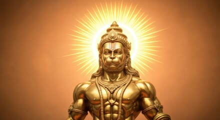 Fototapeta premium Golden statue of a deity with a halo emitting bright light, against a warm orange gradient background