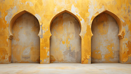 Distressed Yellow Moroccan Archways: Architectural Background, Vintage Interior Design, Empty Room, Aged Plaster Wall